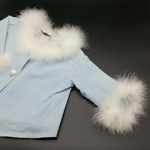 Princess Kids USA 12 Month Light Blue Denim Jean Jacket with White Faux Feathers - Picture 3 of 7